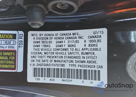 2015 Honda Civic Si из США, поврежденный, VIN 2HGFG4A51FH707380